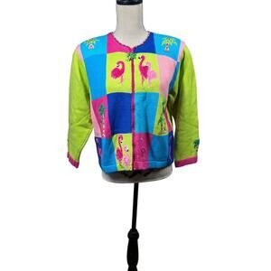 Jack B Quick Colorful Flamingo Florida Palm Sweater, size M, Pre-Loved, Dopamine